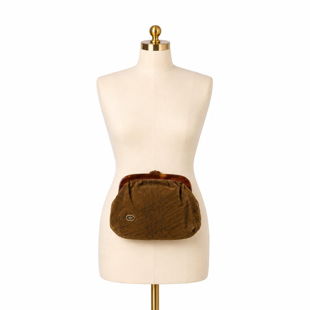 Vintage Firenze Italy Suede Leather Kiss Lock Clutch Purse Brown Marble Frame
